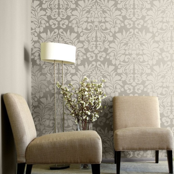 Large Wall Stencil - Fabric Damask Wallpaper Pattern for Custom Decorative Painting - European Shabby Chic Farmhouse Mural