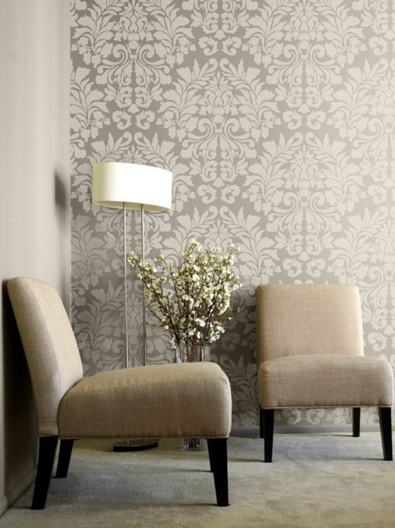 Large Wall Stencil Fabric Damask Wallpaper Pattern for Custom Decorative Painting European Shabby Chic Farmhouse Mural image 1