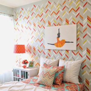 Colorful Modern Herringbone Wall Stencil Paint Your Own Custom Wallpaper Look for Nursery Decor, Kids Room, Bedroom Wall Mural image 6