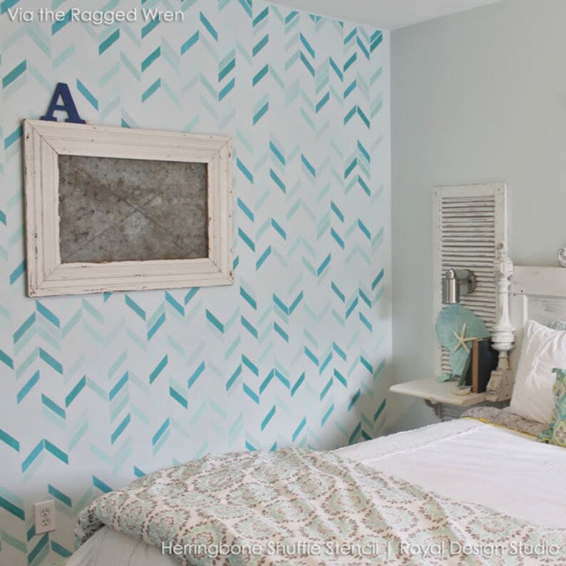 Colorful Modern Herringbone Wall Stencil Paint Your Own Custom Wallpaper Look for Nursery Decor, Kids Room, Bedroom Wall Mural image 3