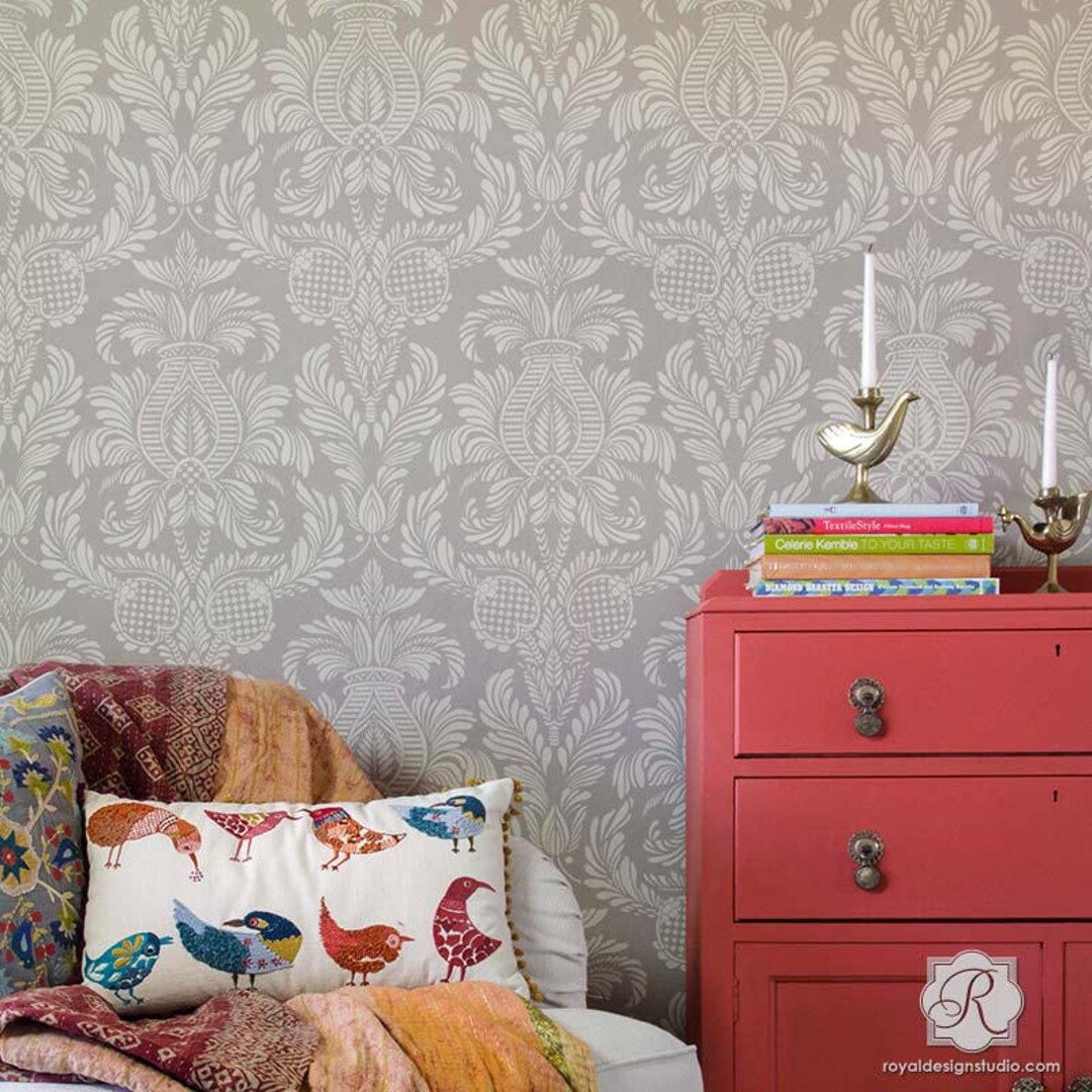 Large Damask Wall Stencil for Interior Painting and Easy Wallpaper