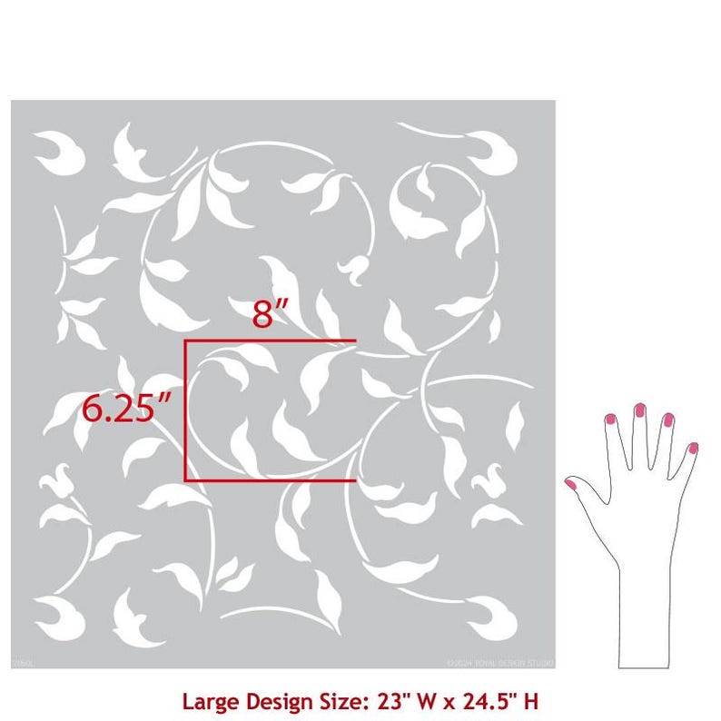 May include: A stencil with a repeating pattern of white leaves and vines on a gray background. The stencil is 23 inches wide and 24.5 inches high. The stencil is shown with a hand for scale.