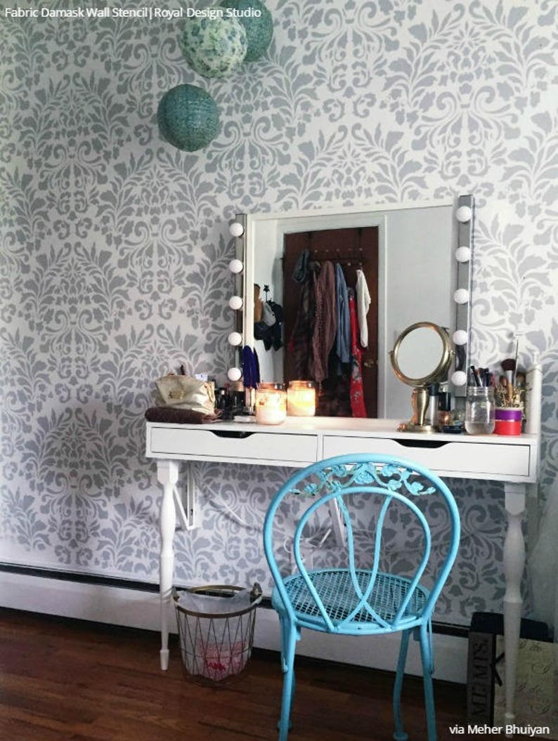 Damask Wall Stencil – European Vintage Fabric Pattern, DIY Home Decor ...