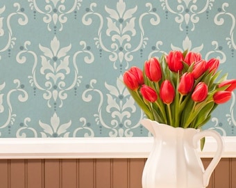 Damask Wallpaper Wall Stencil - Custom Wall Mural with DIY Painted Designs - Vintage Classic Wall Art