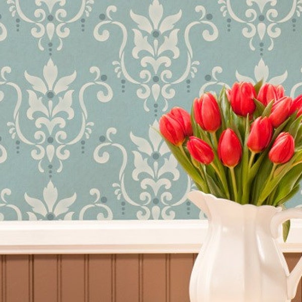 Damask Wallpaper Wall Stencil - Custom Wall Mural with DIY Painted Designs - Vintage Classic Wall Art