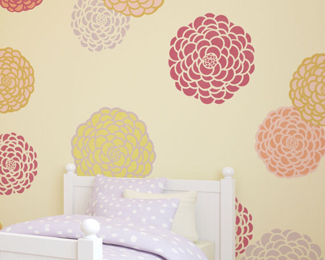 Large Zinnia Flower Wall Art Stencils Big Painted Colorful Flowers on