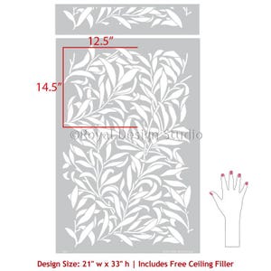 May include: A white stencil with a leafy design. The stencil is 21 inches wide and 33 inches high. It includes a free ceiling filler.