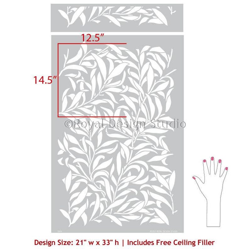 May include: A white stencil with a leafy design. The stencil is 21 inches wide and 33 inches high. It includes a free ceiling filler.