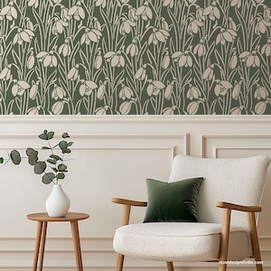 Crocus Bloom Floral Art Nouveau Wall Stencil | Hand Painted Retro Vintage Wallpaper | Large Wall Stencil for Painting
