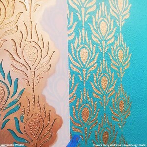 Peacock Feathers Wall Stencils Boho Chic Bohemian Wallpaper Painted on Large Accent Wall DIY Custom Bedroom Wall Decor image 3