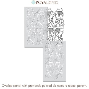 May include: Two reusable stencils for painting a repeating floral pattern. The stencils are made of clear plastic and show a design of stylized flowers and leaves. The stencils are designed to be used together to create a seamless pattern.