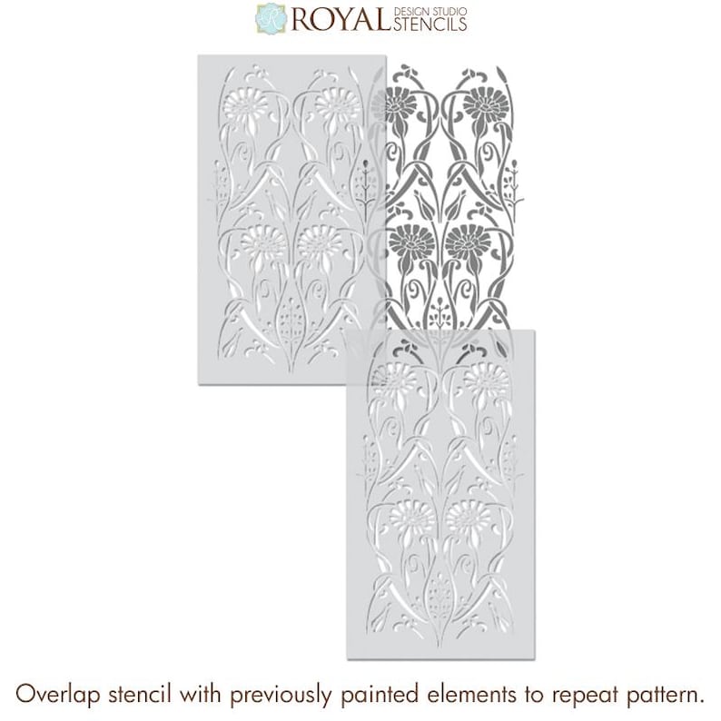 May include: Two reusable stencils for painting a repeating floral pattern. The stencils are made of clear plastic and show a design of stylized flowers and leaves. The stencils are designed to be used together to create a seamless pattern.