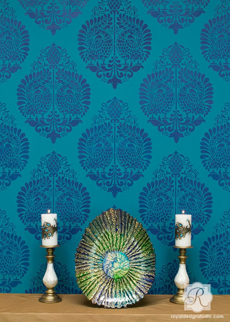 Indian Wall Art Peacock Bird Wall Stencil Bohemian Boho Chic Eastern Style Decor Large Colorful Pattern Designer Wallpaper