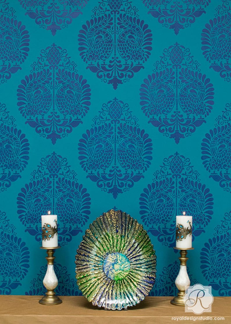 Indian Wall Art Peacock Bird Wall Stencil Large Colorful Pattern Designer Wallpaper Bohemian Boho Chic Eastern Style Decor image 2