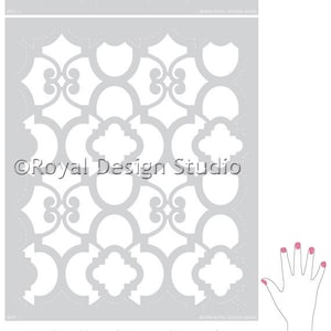 May include: A gray stencil with a repeating geometric pattern. The stencil is 21 inches wide and 25.75 inches high. The text "Design Size: 21" w x 25.75" h Plus Free Ceiling Filler Stencil" is printed below the stencil.