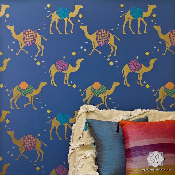 Moroccan Design Camel Wall Stencil Boho Chic Bedroom Wall Art Bohemian Nursery Decor