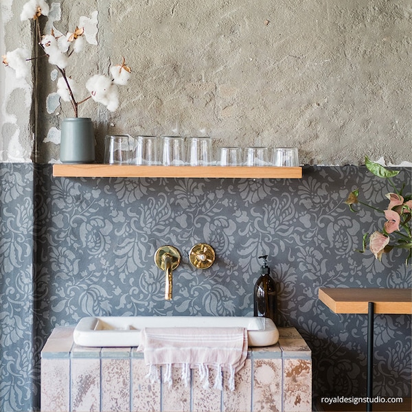 Large Floral Brocade Wall Stencil for Painting - Classic Floral Wallpaper Design - Shabby Chic, Farmhouse, Vintage Style, Cottage Decor