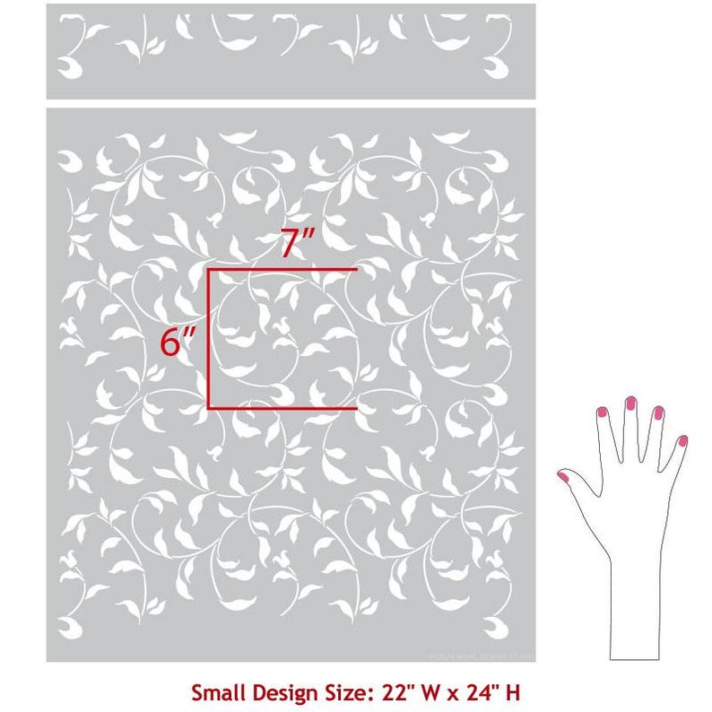 May include: A stencil with a repeating pattern of white vines and leaves on a gray background. The stencil is 22 inches wide and 24 inches high. The stencil is shown with a hand for size reference.