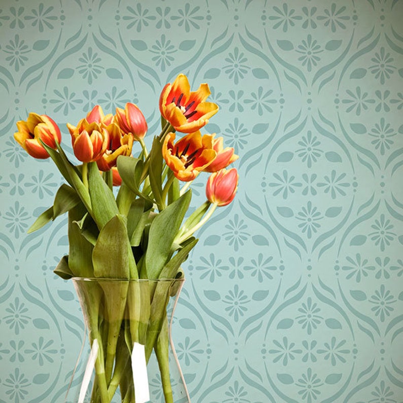 Modern Flower Trellis Wall Stencil Decorating Bedroom or Living Room Accent Wall with Large Custom Wallpaper Art