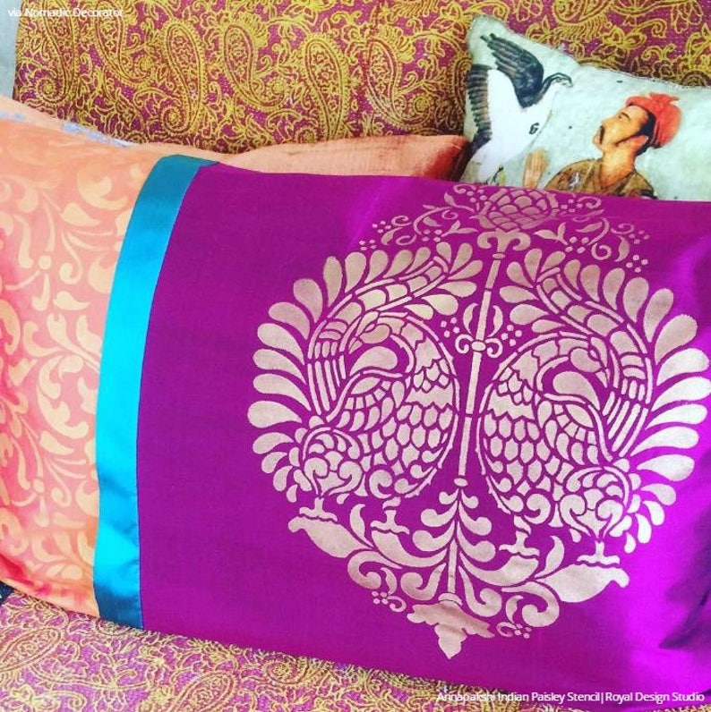 Indian Wall Art Peacock Bird Wall Stencil Bohemian Boho Chic Eastern Style Decor Large Colorful Pattern Designer Wallpaper
