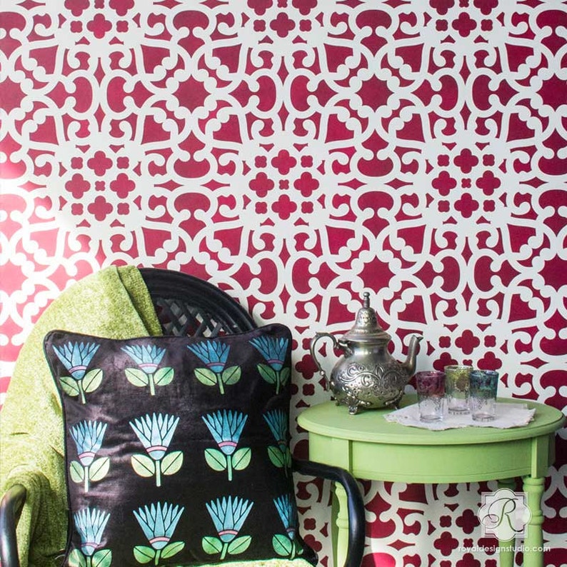 Modern Moroccan Lace Wall Stencils Painting Decorative Wall Pattern in Dining Room or Boho Bedroom image 3