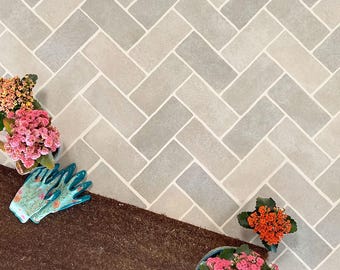 May include: A close-up of a herringbone pattern tiled floor with a brown doormat in the foreground. There are three potted plants with pink and orange flowers on the floor.