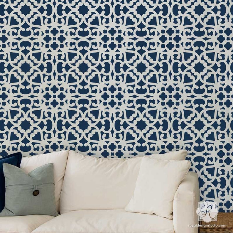 Modern Moroccan Lace Wall Stencils Painting Decorative Wall Pattern in Dining Room or Boho Bedroom image 1