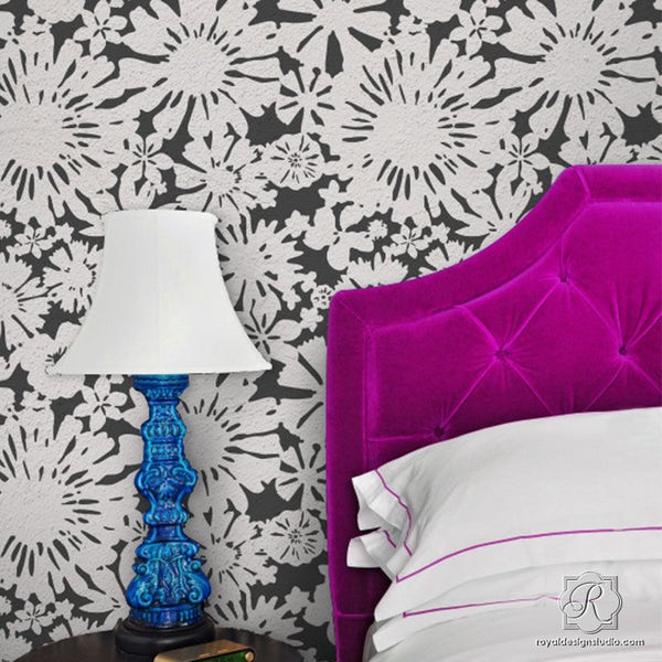 Large Floral Wall Stencil for Painting DIY Modern Flower Wall Art Design on Bedroom Accent Wall
