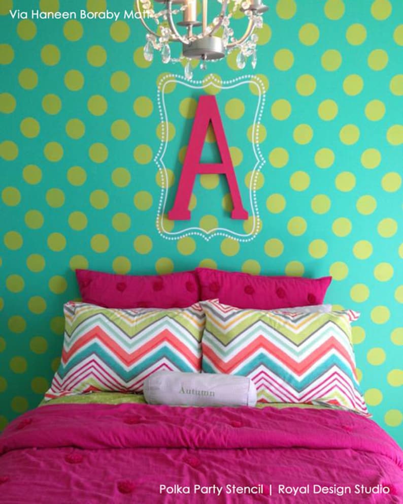 Large Polka Dot Wall Stencil Painting Decal Dots on Feature Wall in Nursery, Girls Room, Kids Room image 1