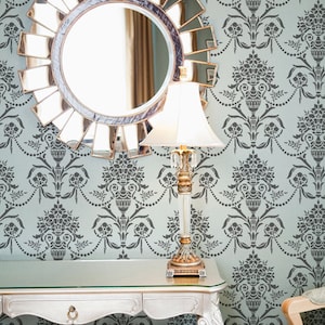 Classic Floral Damask Wallpaper Wall Stencil - Vintage, Victorian, European Wall Art Mural in Dining Room or Living Room