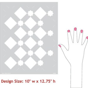May include: A stencil with a repeating pattern of white diamonds and stars on a gray background. The stencil is 10 inches wide by 12.75 inches high. A hand with pink nail polish is shown for size comparison.