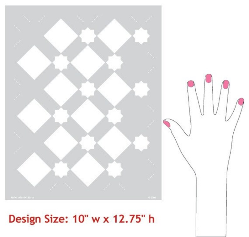 May include: A stencil with a repeating pattern of white diamonds and stars on a gray background. The stencil is 10 inches wide by 12.75 inches high. A hand with pink nail polish is shown for size comparison.