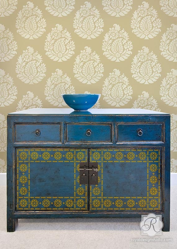 Boho Chic Indian Flower Border Stencil for Painting Custom Furniture or Wall Art