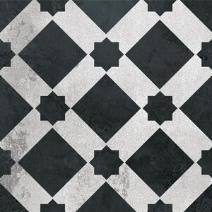 May include: Black and white checkered floor tiles with a geometric star pattern. The tiles have a distressed, aged look.