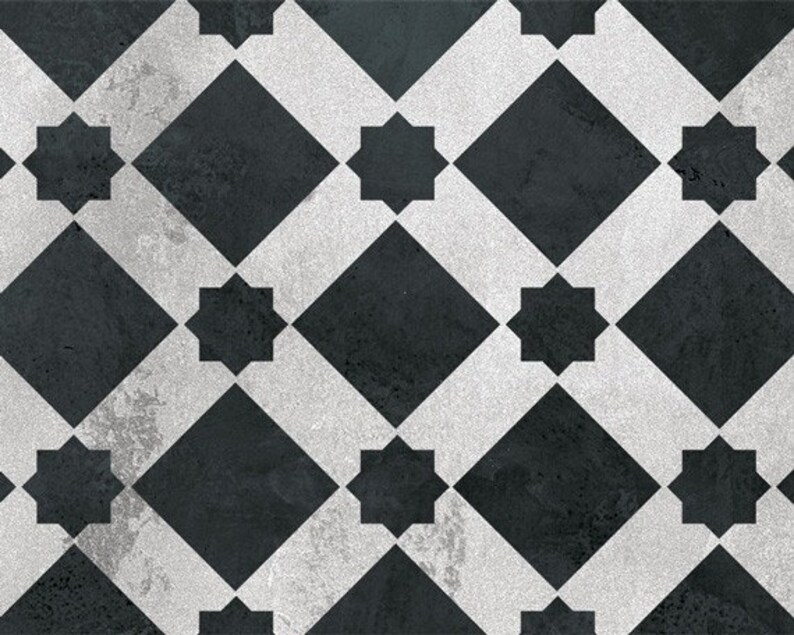May include: Black and white checkered floor tiles with a geometric star pattern. The tiles have a distressed, aged look.