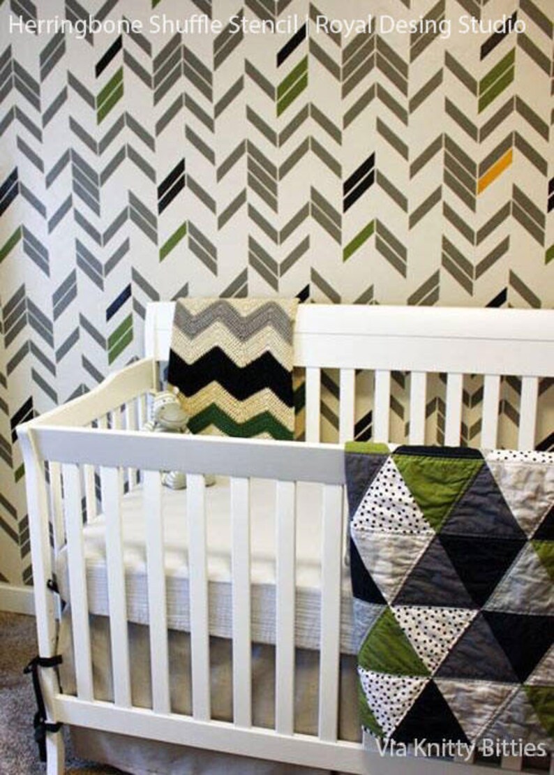 Colorful Modern Herringbone Wall Stencil Paint Your Own Custom Wallpaper Look for Nursery Decor, Kids Room, Bedroom Wall Mural image 7