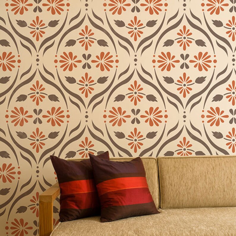 Modern Flower Trellis Wall Stencil Decorating Bedroom or Living Room Accent Wall with Large Custom Wallpaper Art