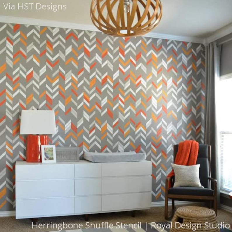 Colorful Modern Herringbone Wall Stencil Paint Your Own Custom Wallpaper Look for Nursery Decor, Kids Room, Bedroom Wall Mural image 10