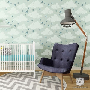 Clouds and Stars Wall Stencil - Cute Nursery Decor and Wallpaper Pattern for Easy DIY Decorating