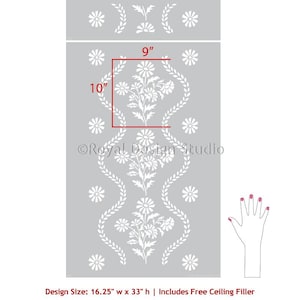 May include: A stencil design featuring a floral pattern with white flowers and leaves on a gray background. The stencil is 16.25 inches wide and 33 inches high. The design includes a free ceiling filler.