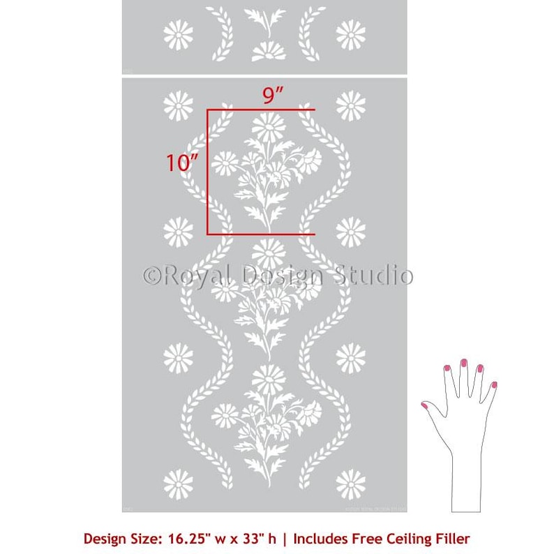 May include: A stencil design featuring a floral pattern with white flowers and leaves on a gray background. The stencil is 16.25 inches wide and 33 inches high. The design includes a free ceiling filler.