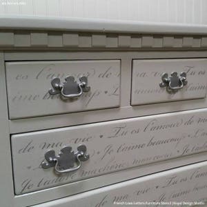 French Love Letters Furniture Stencil Paint Dresser with Script, Vintage Furniture Quote, Shabby Chic Typography image 5