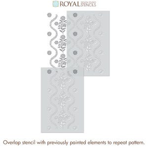 May include: A stencil with a floral design. The stencil is made of a thin, flexible material and is designed to be used with paint. The stencil is shown in two pieces, which can be used to create a repeating pattern.