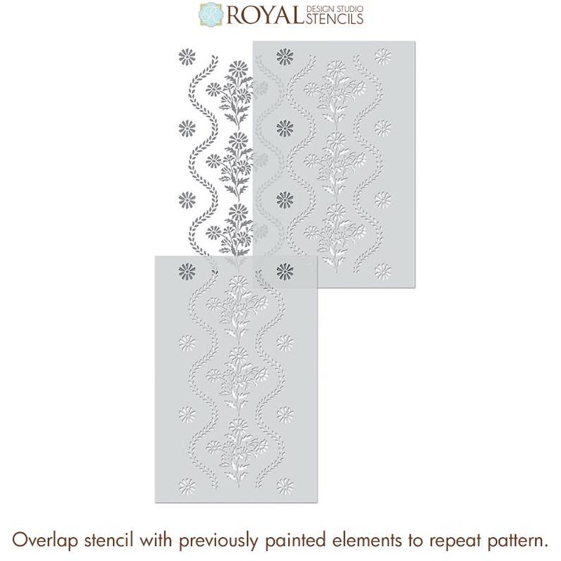 May include: A stencil with a floral design. The stencil is made of a thin, flexible material and is designed to be used with paint. The stencil is shown in two pieces, which can be used to create a repeating pattern.