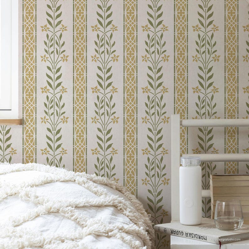 Plantilla floral sueca de estilo campestre para paredes / Plantilla grande con estampado integral / Decoración de pared con estilo rústico