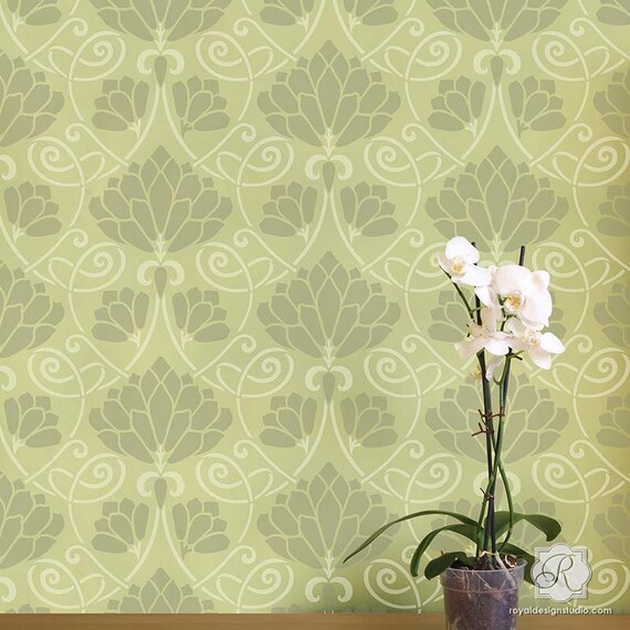Lotus Fleur Murale Pochoir Motif De Papier Peint Rétro Vintage Art Nouveau Art Déco Grande Fleur
