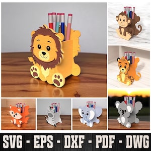 Może przedstawiać: Drewniane uchwyty na ołówki w kształcie zwierząt, w tym lew, małpa, tygrys, lis, zebra, słoń i koala. Każdy uchwyt ma szczelinę na ołówki i jest wykonany z warstwowego drewna. Na dole obrazu widnieje napis "SVG - EPS - DXF - PDF - DWG".