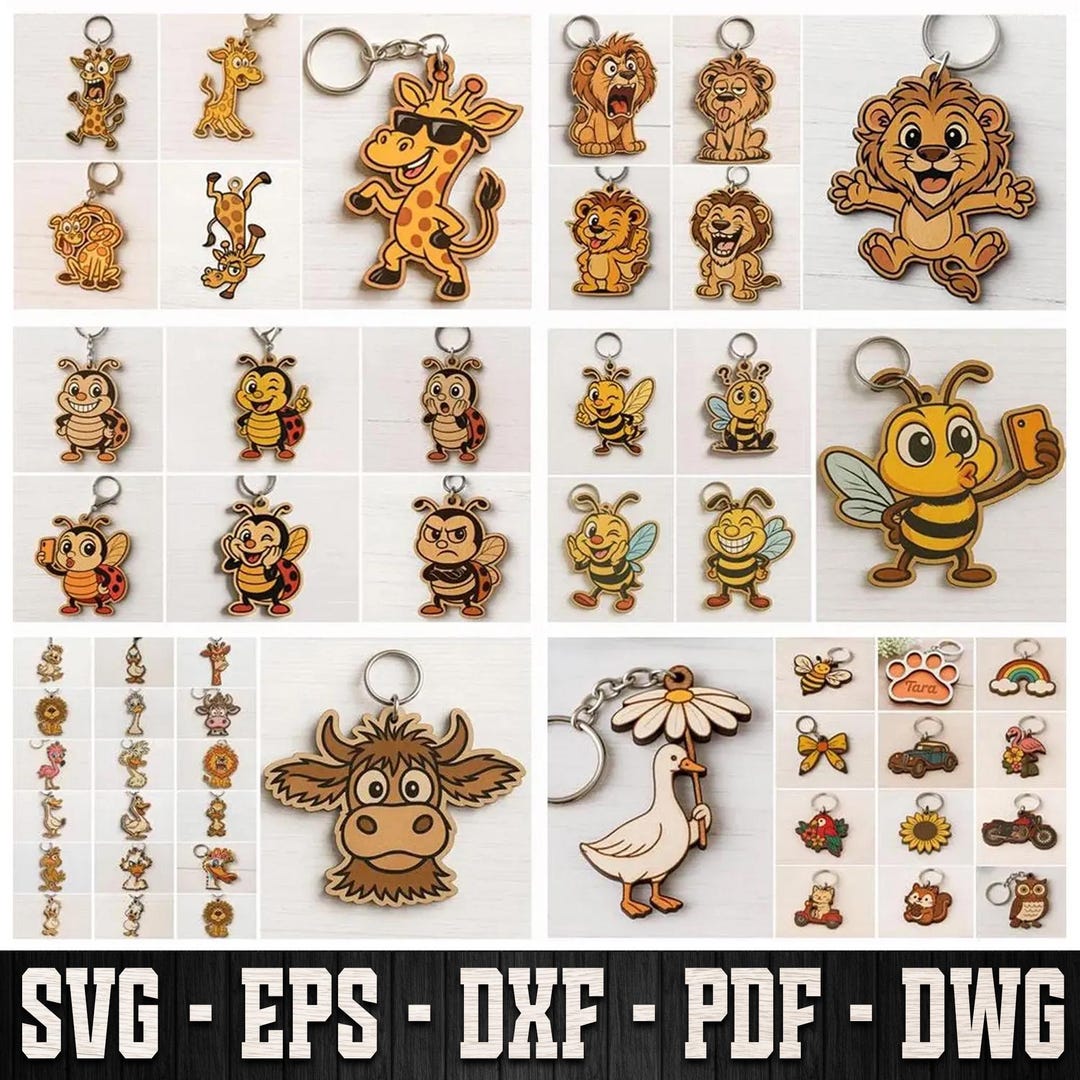 Animal Key Rings Vector Animal Keychain Laser Cut Mega Bundle, Funny Cartoon Keychain Template ...