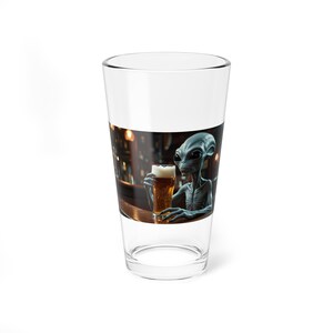 Alien Drinking Beer at the Bar, Alien Glass, Beer Glass, Barware, Funny Drinking Glass, Extraterrestrial Cocktail Glass