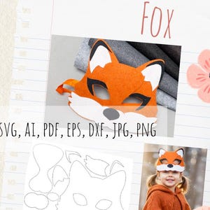 Puede incluir: Un archivo de descarga digital para una máscara de zorro con piezas de fieltro naranja, blanco y negro. El documento incluye el texto DIGITAL DOWNLOAD FOX y los formatos SVG, AI, PDF, EPS, DXF, JPG, PNG, mostrando una plantilla de líneas.